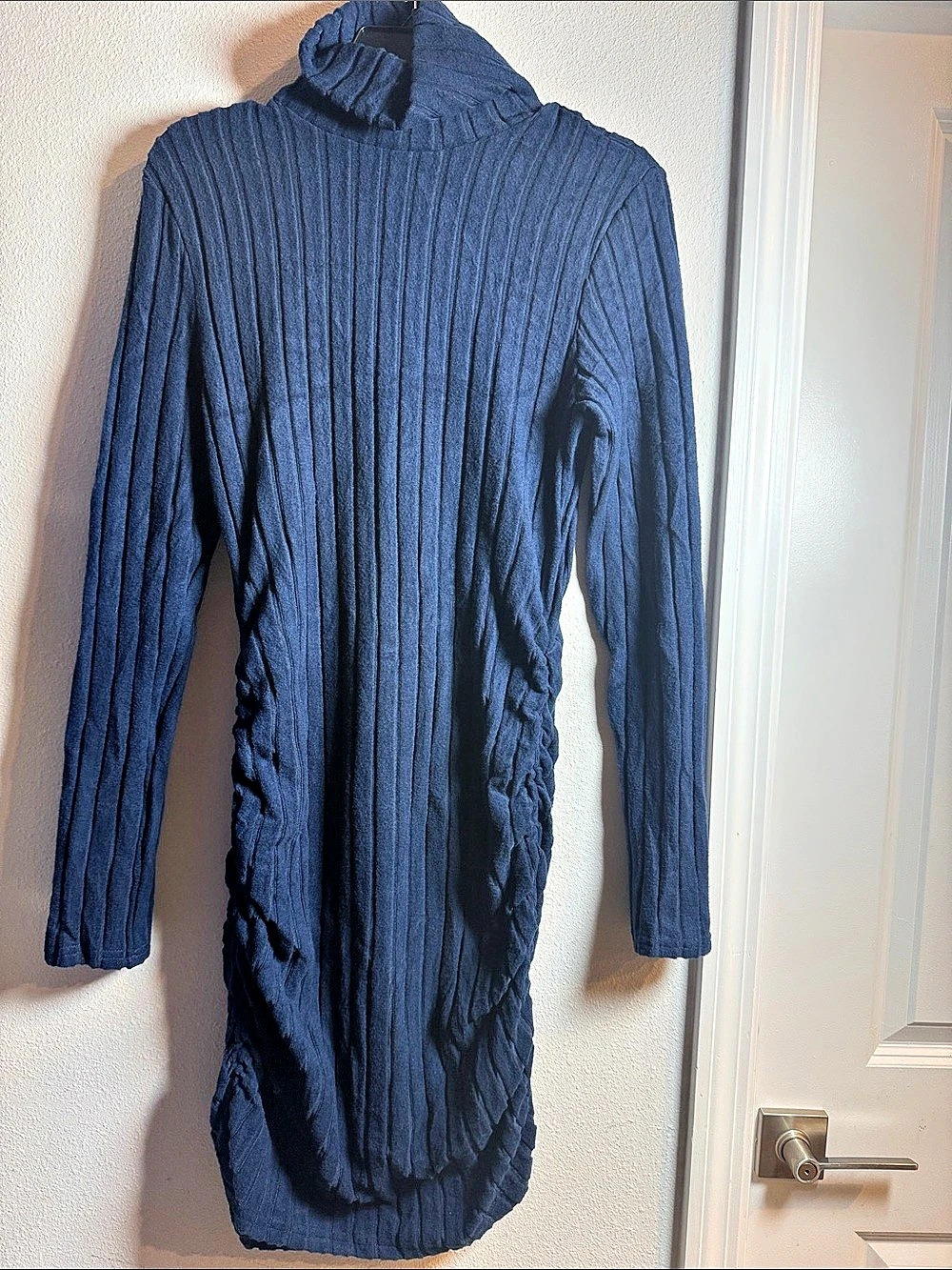 Lexi Rib Ruched Turtleneck Dress Blue